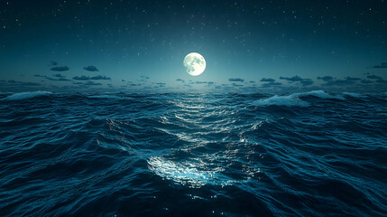 a serene night seascape featuring a bright full moon illuminating the undulating waves under a starr