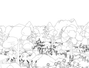 Poster - A mountain range is shown in the background with trees in the foreground. The sky and the trees are sparse