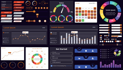 Poster - A set of modern interface elements for business applications and websites: buttons, charts, menus, graphs, and other interactive components for easy navigation and analytics.