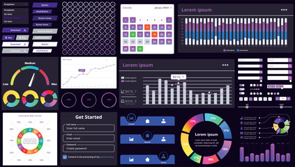 Poster - A set of modern interface elements for business applications and websites: buttons, charts, menus, graphs, and other interactive components for easy navigation and analytics.
