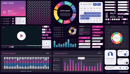 Fototapete - A set of modern interface elements for business applications and websites: buttons, charts, menus, graphs, and other interactive components for easy navigation and analytics.