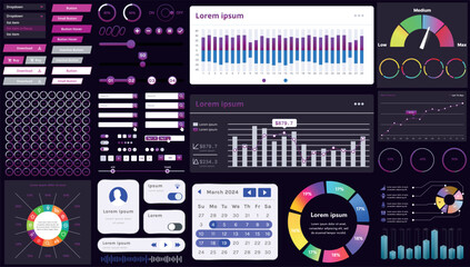 Fototapete - A set of modern interface elements for business applications and websites: buttons, charts, menus, graphs, and other interactive components for easy navigation and analytics.