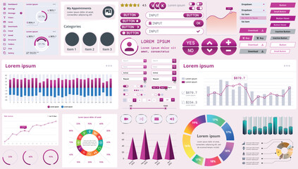 Fototapete - A set of modern interface elements for business applications and websites: buttons, charts, menus, graphs, and other interactive components for easy navigation and analytics.