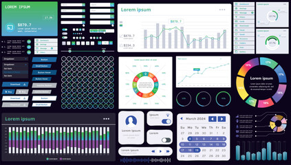 Fototapete - A set of modern interface elements for business applications and websites: buttons, charts, menus, graphs, and other interactive components for easy navigation and analytics.