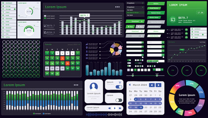 Fototapete - A set of modern interface elements for business applications and websites: buttons, charts, menus, graphs, and other interactive components for easy navigation and analytics.
