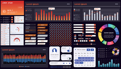 Fototapete - A set of modern interface elements for business applications and websites: buttons, charts, menus, graphs, and other interactive components for easy navigation and analytics.