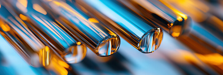 Poster - Close-up of Reflective Glass Cylinders with Blue and Orange Light Reflections