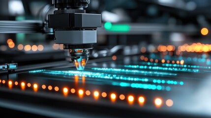 Poster - Advanced robotic arm precisely working on a futuristic technological surface with glowing lines and orange lights