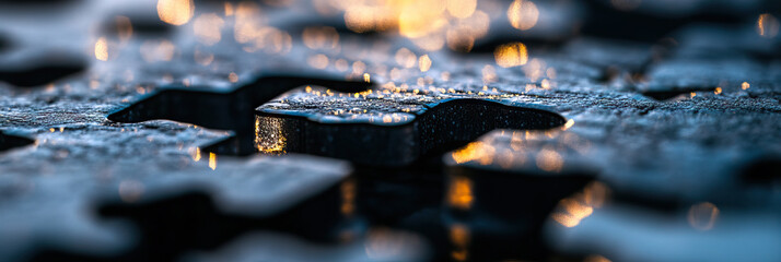 Poster - Wet Puzzle Pieces with Bokeh Reflections