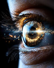 Poster - Close up of a Human Eye Reflecting a Vibrant Cityscape at Night A Stunning Visual Metaphor for Urban Life and Connection