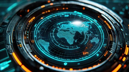 Poster - Futuristic Global Network Interface Display Showing a Digital World Map on a High Tech HUD