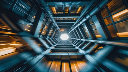 Poster - Looking up from the base of a modern high-rise building with illuminated walls and a dazzling central opening