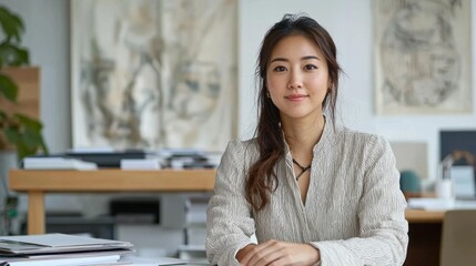 Poster - A young woman sits confidently at her desk, surrounded by design materials and plants. Sunlight filters through the windows, enhancing her focus on artistic projects while emanating a creative vibe
