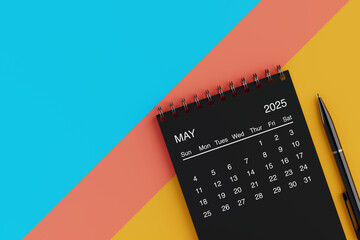 Fototapete - Black Flip Monthly May 2025 Business Calendar with Black Pen. 3d Rendering