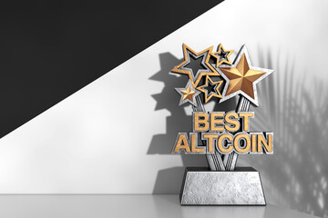 Poster - Golden Best Altcoin Business Award Trophy on a Presentation Podium. 3d Rendering