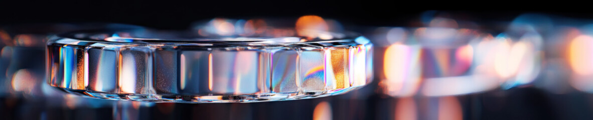 Poster - Close-up of Faceted Glass Ring with Iridescent Refraction