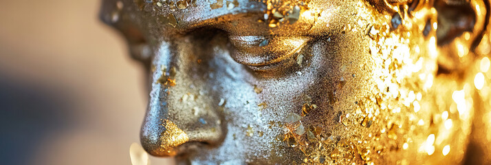 Poster - Close-up of Gold and Silver Painted Statue Face with Gold Leaf Accents