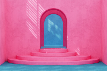 Fototapete - Pink Podium for Product Display in Abstract Modern Room with Blue and Pink Walls. 3d Rendering