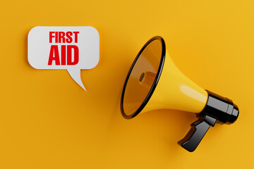 Aufkleber - Yellow Megaphone with First Aid Sign Speech Clouds Chat Bubble. 3d Rendering