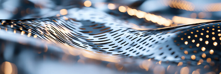 Poster - Close-up of Perforated Metallic Surface with Wave Pattern and Warm-toned Reflections