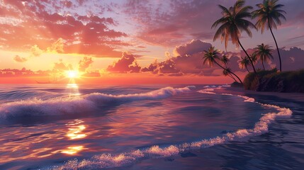 Poster - Amazing sunset over the ocean. The warm colors of the sky and the gentle waves of the sea create a peaceful and relaxing scene.