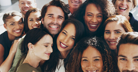 Aufkleber - friends, hug and smile with business people in office together for love, support or team building. c