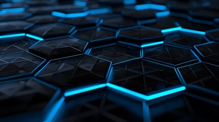 Poster - High-tech digital background featuring luminous hexagonal patterns interconnected by electric blue light, symbolizing advanced AI and blockchain networks.