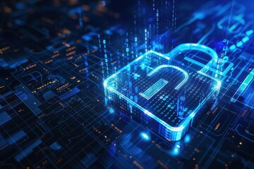 Poster - Digital padlock with binary code illuminates a dark blue cyber landscape representing online security