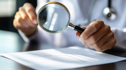 Poster - Medical Worker Holding Magnifying Glass Over Document on Table