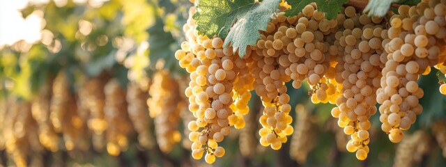 Poster - Vibrant grape clusters hang in golden hues, illuminated by gentle sunlight filtering through lush vineyard leaves. A tranquil autumn atmosphere surrounds the harvest