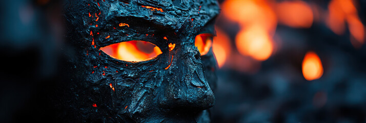 Poster - Close-up of a Textured Mask with Glowing Orange Eyeholes