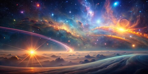 Wall Mural - a breathtaking panorama of a celestial sunrise over a fantastical landscape, featuring vibrant nebul