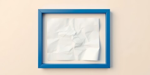 Wall Mural - A crumpled sheet of white paper within a simple blue frame on a light beige background, crumpled paper, background