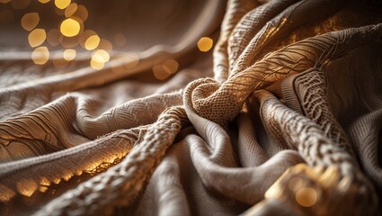 Poster - intricate texture of woven fabric illuminated by warm bokeh lights in a cozy setting during evening 