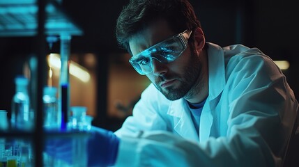 Poster - researcher using chemical analysis gadget in modern laboratory environment