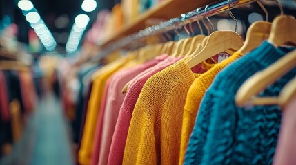 Poster - Colorful sweaters in warm tones are elegantly displayed on wooden hangers inside a boutique. Soft lighting creates a cozy atmosphere, inviting shoppers to explore