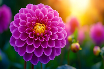 Wall Mural - Vibrant purple dahlia flowers in full bloom at an eco-friendly flower farm, bathed in warm golden sunset light. Copy space.