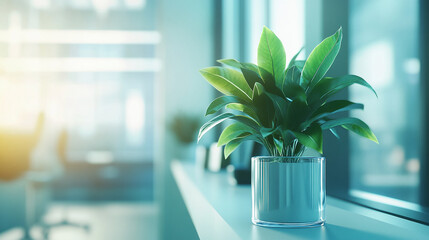 Poster - Green plant in glass pot on windowsill, bright office background, showcasing freshness and serenity, ideal for workspace or wellness concepts