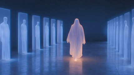 Aufkleber - A glowing AI figure walking through a corridor of mirrors, each reflecting its own growing