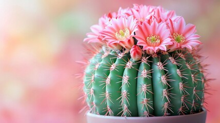 Poster - A tall cactus with a plump green body and sharp spines proudly displays delicate pink flowers, creating a charming contrast against a dreamy background