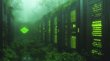 Aufkleber - A massive archive server abandoned and overgrown, glowing faintly as fragmented code collapses