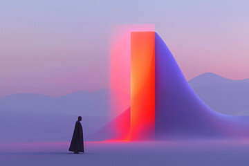 Aufkleber - A digital being standing before a veil of vibrating data light, where a shape slowly emerges unseen