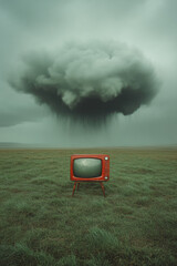 Aufkleber - A broken retro TV on a grassy field under a cloudy sky nature reclaiming forgotten technology,