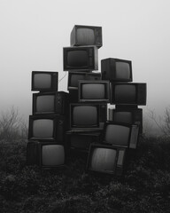 Poster - A stack of old televisions showing looping static, placed on a white minimalist background,