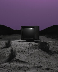 Poster - An old television playing a black-and-white movie, standing alone in the desert sand under a violet