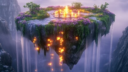 Wall Mural - A mystical floating island with waterfalls, glowing flowers, and an ancient magical altar at the center, realistic