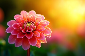 Wall Mural - Brilliant peach dahlia flowers bloom in an organic farm, bathed in the golden hues of the sunset sky. Copy space.