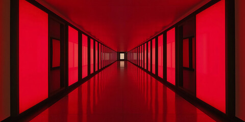 Poster - Red illuminated corridor, long perspective, reflective floor, creates depth and modern architecture showcase