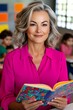 © Tanya - Middle age blonde woman educator in a pink blouse reads aloud to attentive kindergarten students in a colorful classroom.