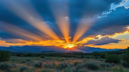 Wall Mural - Sun rays pierce storm clouds over mountains and fields at sunset. Use this image for travel, nature, and inspirational content.